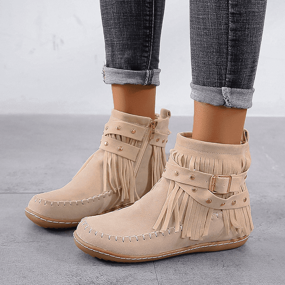 Women’s Fringe Ankle Boots with Buckle Strap and Side Zipper, Retro Suede Short Booties, Non-Slip Flat Heel Casual Walking Shoes, Stylish Fall Winter Fashion Ankle Boot