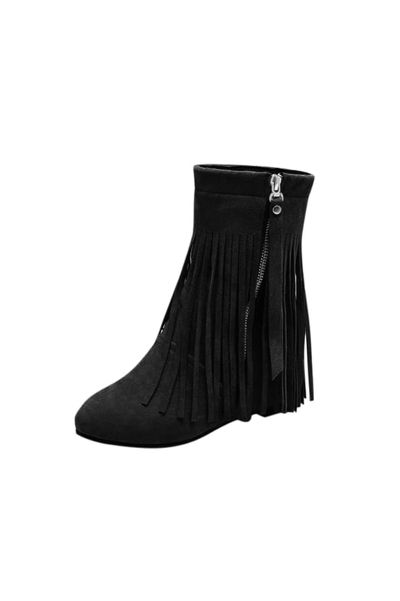 Women's Fringe Ankle Boots Suede Zipper Booties Side Zipper Wedge Heel Booties Fashionable Tassel Ankle Boots Fall Winter Shoes Black 38