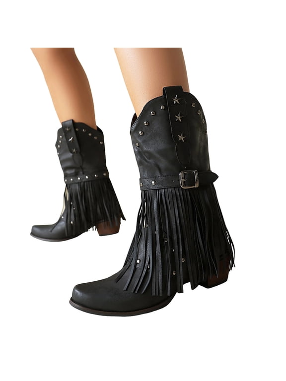 Women's Fringe Buckle Strap Mid Calf Cowboy Boots Wide Calf Pointed Toe Studded Western Cowgirl Booties