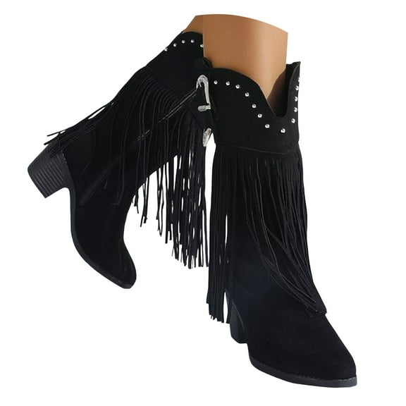 Women's Fringe Cowboy Boots Chunky High Heel Fashion Studded Pointed Toe Pull On Mid Calf Cowgirl Booties