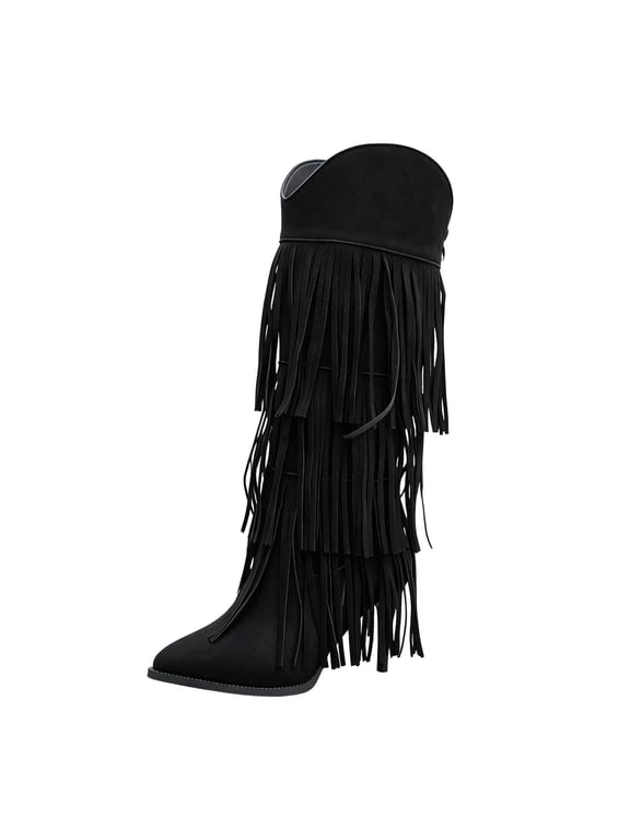 Women's Fringe Cowboy Boots Layered Tassel Knee High Pointed Toe Stiletto Heel Booties Back Zipper Western Boho Style Fall Winter Retro Party Shoes Black 9