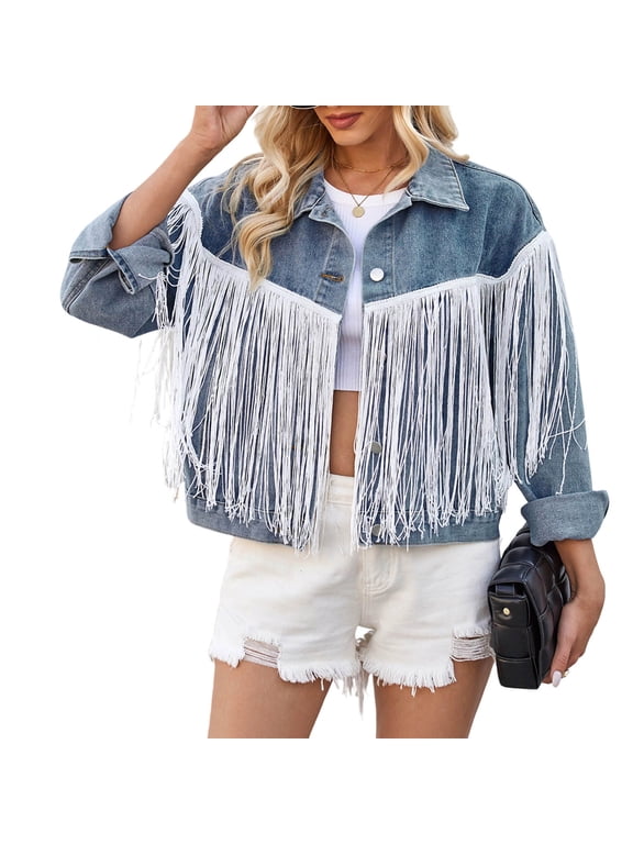 Women's Fringe Denim Jacket Cropped Button Down Lapel Collar Long Sleeve Tassel Trim Casual Boho Western Cowgirl Jean Coat Spring Fall Blue