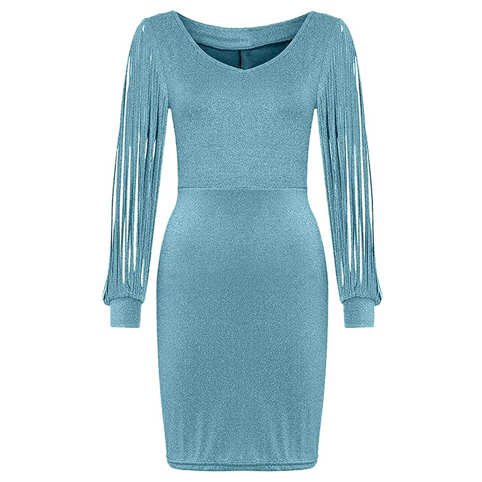 Women's Fringe Dress Sexy V Neck Sequin Long Sleeve Formal Warp Dress ...