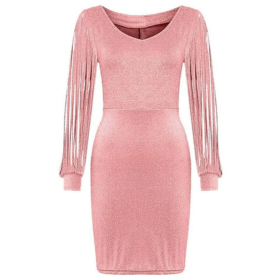 Women's Fringe Dress V Neck Sequin Long Sleeve Formal Warp Dress Slim Fit Bodycon Evening Midi Pencil Dresses