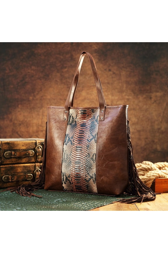 Womens Fringe Faux Leather Tote Bag with Snakeskin Pattern Brown,Black Large Capacity Handbag