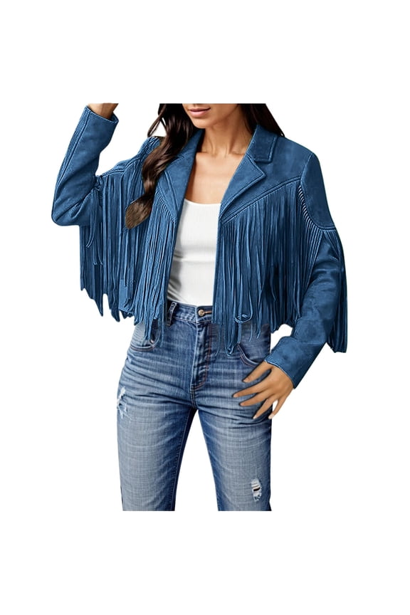 Women's Fringe Suede Jackets Fall Fashion Long Sleeve Tassel Motorcycle Coats Western Trendy Casual Outdoor Cropped Jackets