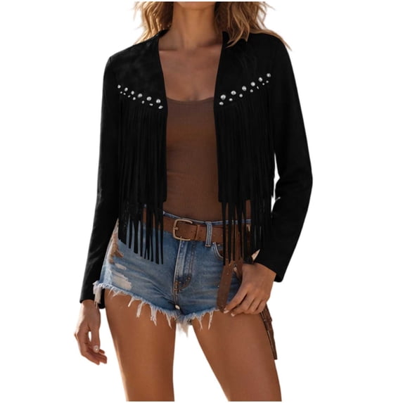 Women's Fringe Faux Suede Leather Jackets Fashion Fall Western Tassel Motorcycle Cropped Open Front Coats with Rivets Black S(S)