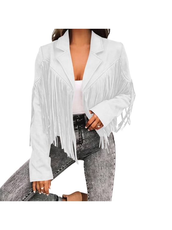 Women's Fringe Faux Suede Leather Jackets Trendy Fall Western Cropped Jacket Tassel Motorcycle Coats
