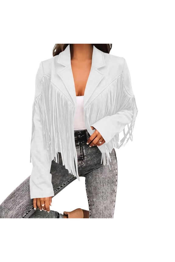 Women's Fringe Faux Suede Leather Jackets Trendy Fall Western Cropped Jacket Tassel Motorcycle Coats