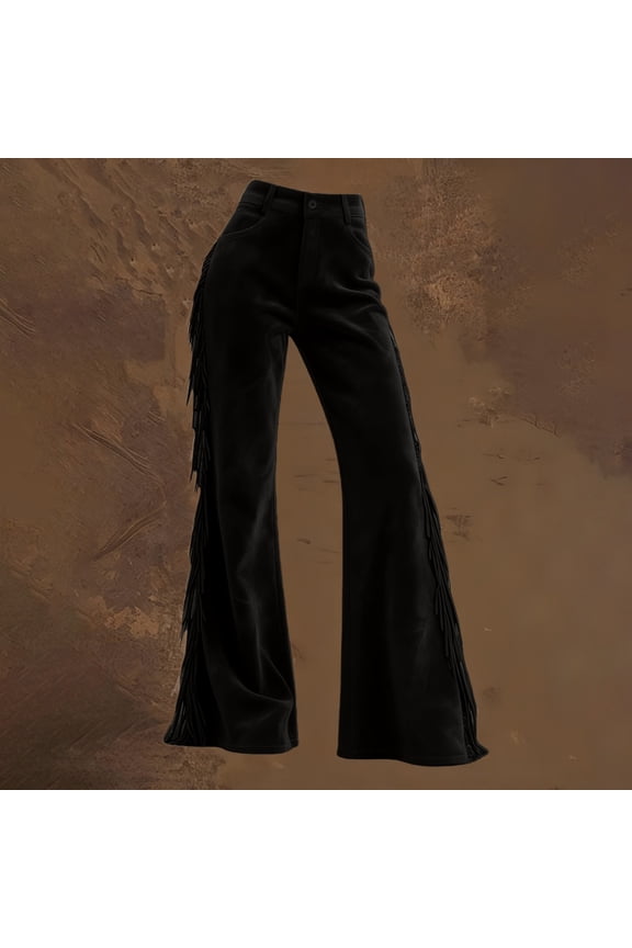 Women's Fringe Flared Jeans, Elastic Waist Stretchy Denim Pants, Western Style Bell Bottom Pants with Side Tassels, Trendy High Waist Flare Pants for Women Black L
