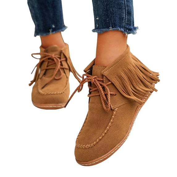 Women's Fringe Flat Boots 2026 Fall Ankle Booties Wide Wodth Round Toe Lace up Lightweight Suede Western Short Boots