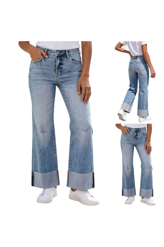 Women's Fringe Hem Wide Leg Jeans, High Waist Washed with Rolled Cuff, Trendy Straight Pants for Boho Casual | TruHer,Blue M