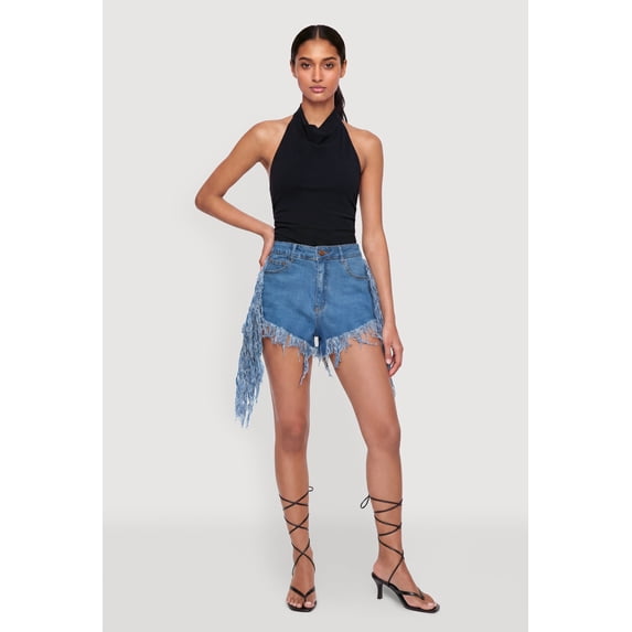 Women's Fringe Hem and Side Denim Shorts