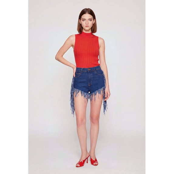 Women's Fringe Hem and Side Denim Shorts