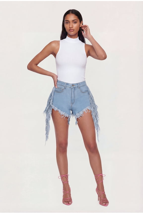 Women's Fringe Hem and Side Denim Shorts