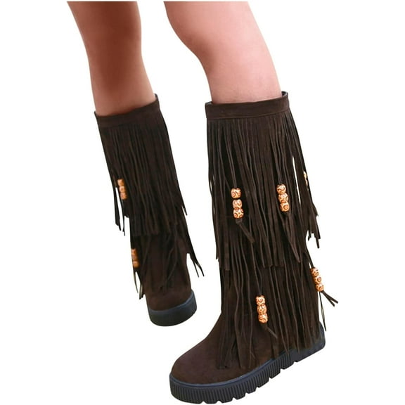 Women's Fringe Knee High Boots Fashion Round Toe Platform Low Heel Mid Calf Western Cowboy Tassel Boots