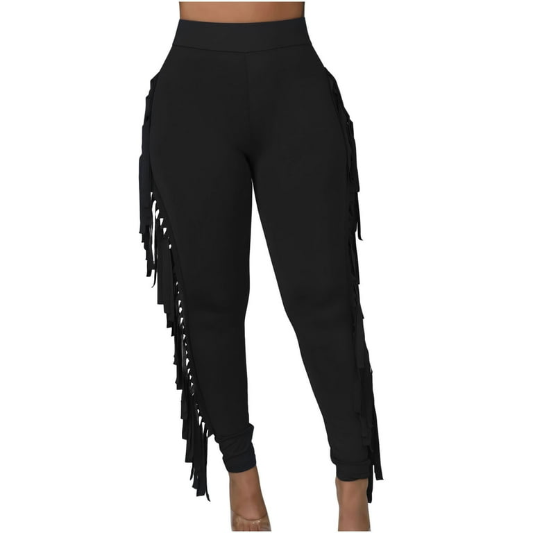 Women's Fringe Pants High Waisted Side Tassel Trousers Casual