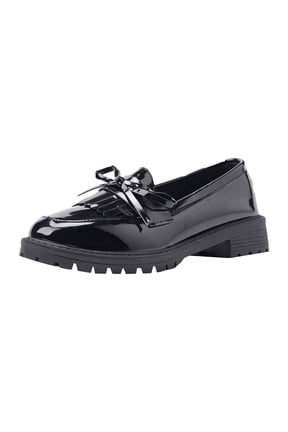 Women's Fringe Patent Leather Loafers Slip On Chunky Platform Casual Dress Shoes Cute Bowknot Mary Jane Shoes Black Size 9.5