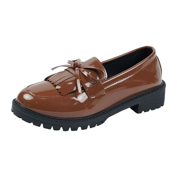 Women's Fringe Patent Leather Loafers Slip On Chunky Platform Casual Dress Shoes Cute Bowknot Mary Jane Shoes Brown Size 7.5