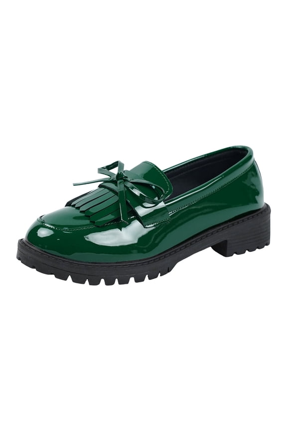 Women's Fringe Patent Leather Loafers Slip On Chunky Platform Casual Dress Shoes Cute Bowknot Mary Jane Shoes Green Size 9