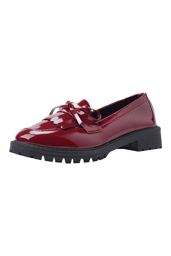 Women's Fringe Patent Leather Loafers Slip On Chunky Platform Casual Dress Shoes Cute Bowknot Mary Jane Shoes Red Size 9.5