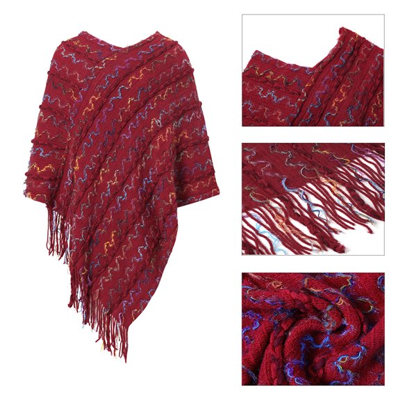 Women's Fringe Pullover Shawl Striped Wrap Poncho Cape, Gray