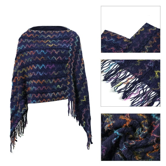Women's Fringe Pullover Shawl Striped Wrap Poncho Cape, Navy Blue