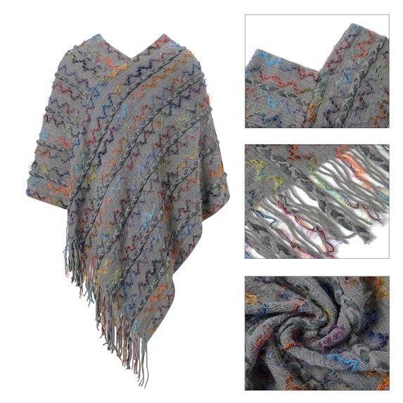 Women's Fringe Pullover Shawl Striped Wrap Poncho Cape, Wine Red