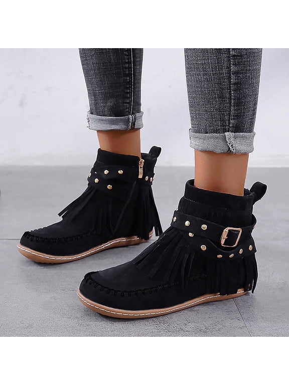Women's Fringe Rivet Buckle Western Ankle Boots, Side Zipper Flat Moccasin Cowboy Booties for Country Concert Travel Fall Winter Outfits Black 8.5