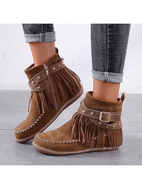 Women's Fringe Rivet Buckle Western Ankle Boots, Side Zipper Flat Moccasin Cowboy Booties for Country Concert Travel Fall Winter Outfits Brown 6.5