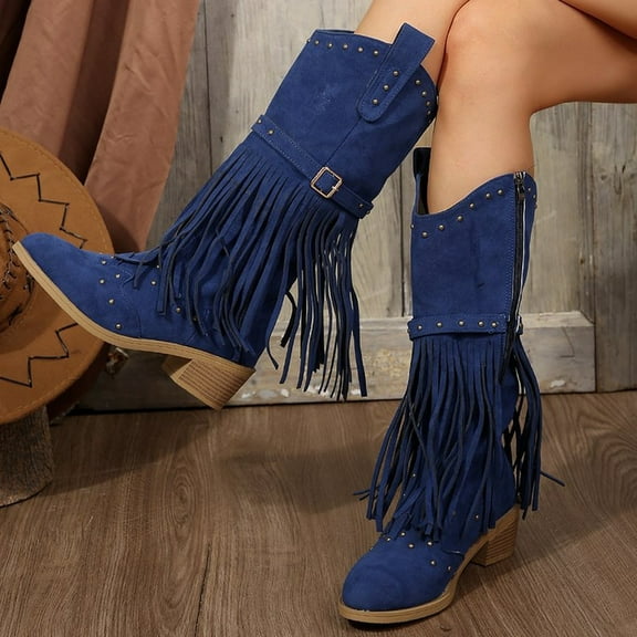 Women's Fringe Rivet Western Cowboy Mid Calf Boots with Side Zipper Fashion Buckle Strap Pointed Toe Chunky Heel Tassel Cowgirl Boots for Country Music Festivals Party Riding Boots (Blue,40)