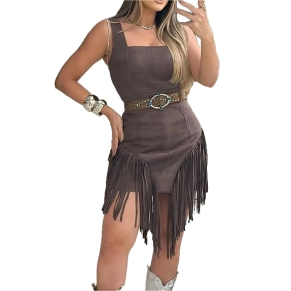 Women's Fringe Square Neck Bodycon Mini Dress Belted with Fringe for Party Night Out 100% Polyester Sleek Silhouette