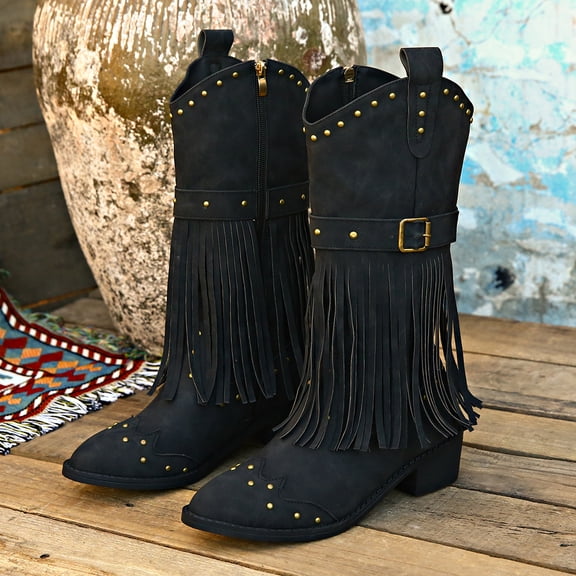 Women's Fringe Stud Chunky Heel Mid Calf Boots,Classic Pointed Toe Side Zipper Comfort Boots Retro Stacked Heel Western Cowgirl Cowboy Boots