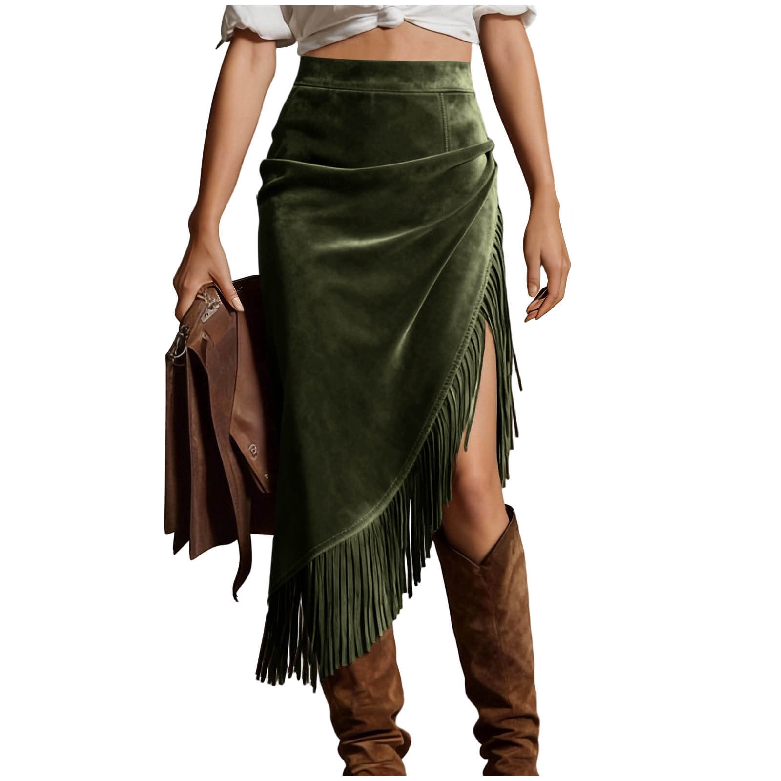 Women's Fringe Suede Maxi Skirt Western Style Asymmetric Ruched Bodycon Side Slid Cowgirl Tassel Long Skirts