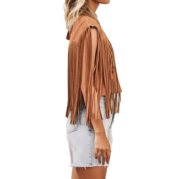 Women's Fringe Suede Vest Pure Color Short Sleeve Jacket