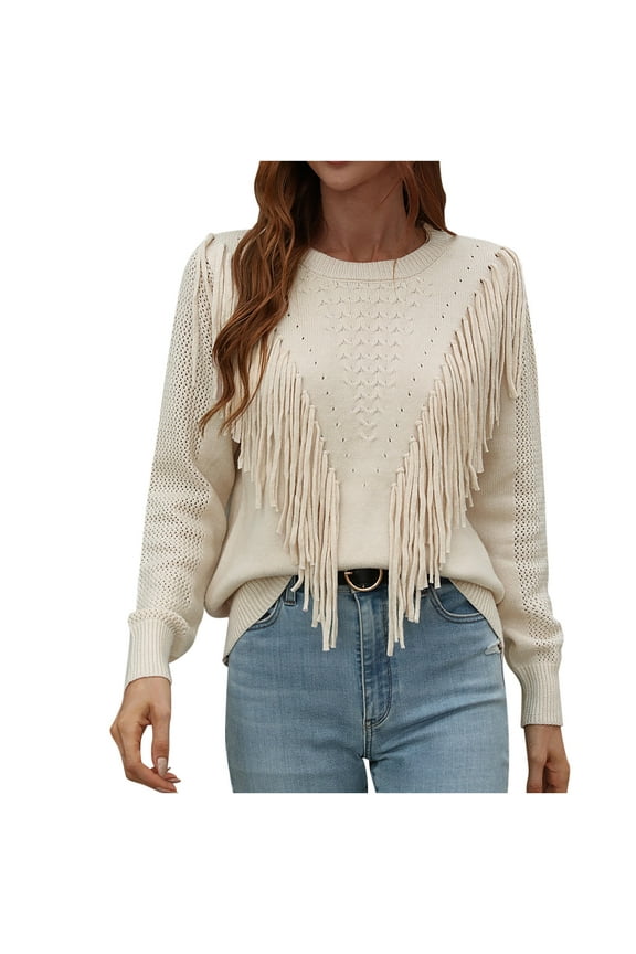 Women's Fringe Sweaters Cute Boho Tassel Crewneck Pullovers 2023 Fall Fashion Tops Solid Color Winter Casual Knitwear