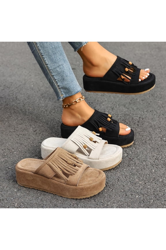 Women's Fringe Tassel Platform Slide Sandals Open Toe Casual Bohemian Mules for Women Outdoor