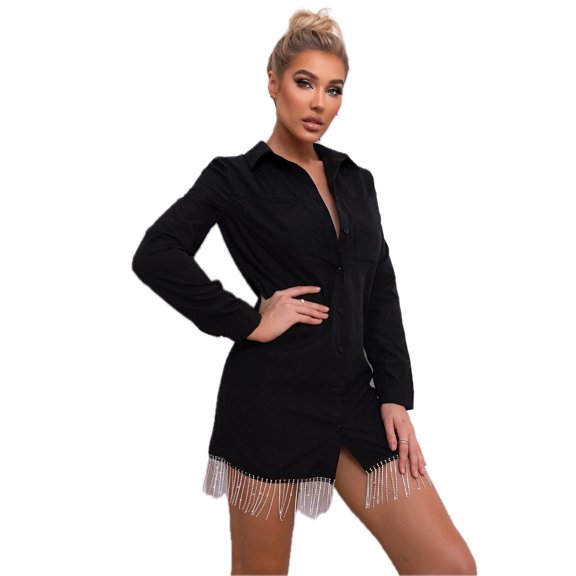 Women's Fringe Trim Button Up Shirt Dress Casual Mini Length Collared Neck Long Sleeve 95% polyester 5% elastane