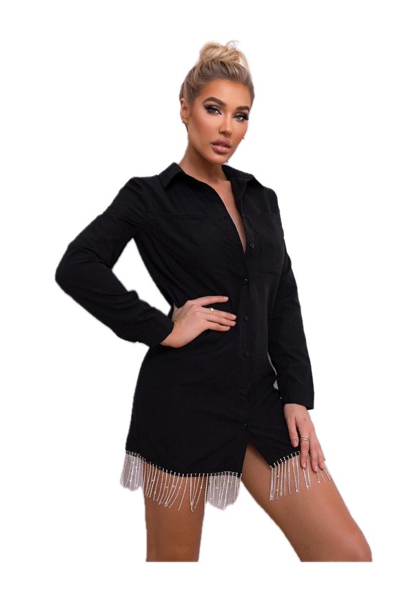Women's Fringe Trim Button Up Shirt Dress Casual Mini Length Collared Neck Long Sleeve 95% polyester 5% elastane