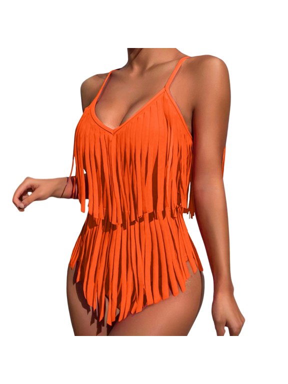 Women's Fringe Trim One Piece Swimsuits Sexy Adjustable Spaghetti Strap Bathing Suits Tummy Control V Neck Bikini Saffron XL
