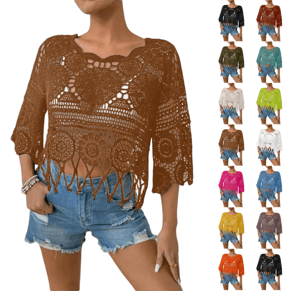 Women's Fringe Trim Sheer Beach Cover Up Boho Crochet 3/4 Sleeve Round Neck Cropped Top for Vacation Brown 2XL