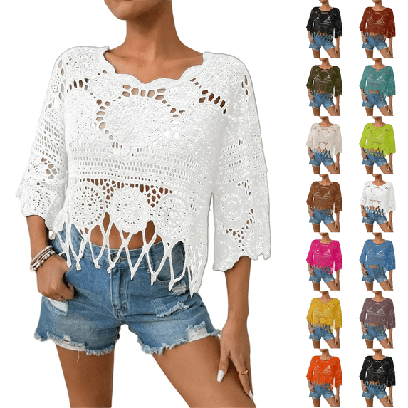 Women's Fringe Trim Sheer Beach Cover Up Boho Crochet 3/4 Sleeve Round Neck Cropped Top for Vacation White L