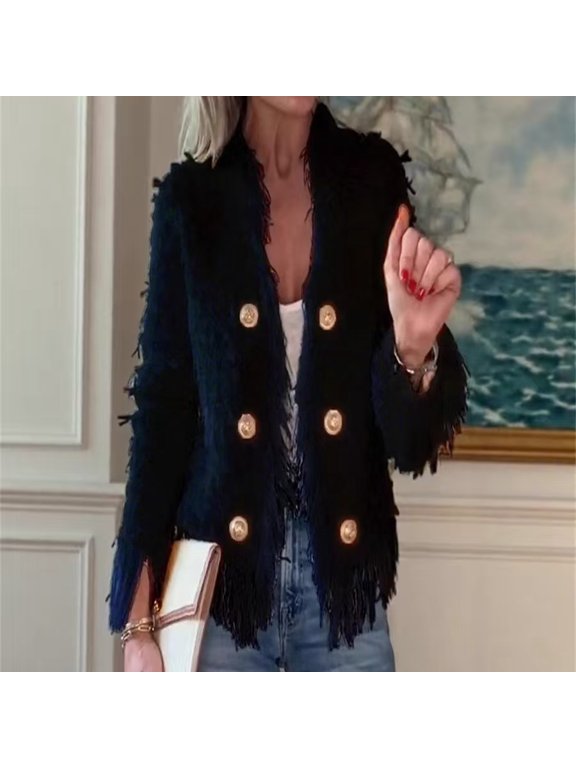 Women's Fringe Tweed Cropped Jacket, V Neck Long Sleeve Double Breasted Gold Button Textured Short Blazer Coat