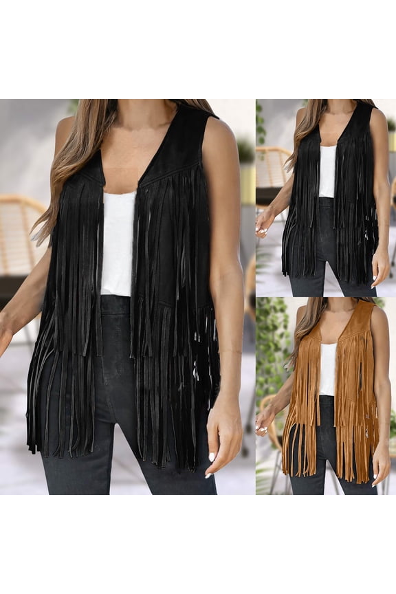 Women's Fringe Vest 60S 70S Style Classic Vest Summer Sleeveless Tassel Top Casual Party by Yigetop Black M