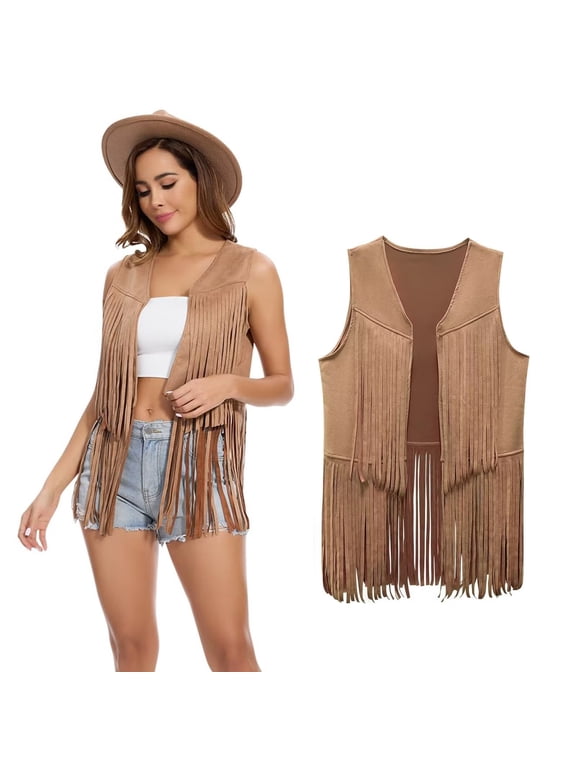 Women's Fringe Vest - 60s 70s Hippie Cowgirl Western Sleeveless Faux Suede Tassel Jacket
