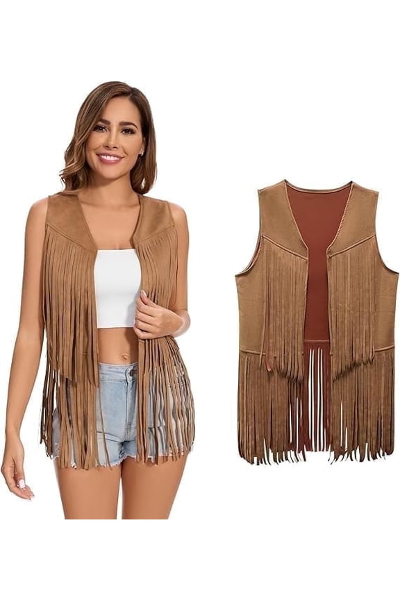 Women's Fringe Vest - 60s 70s Hippie Cowgirl Western Sleeveless Faux Suede Tassel Jacket
