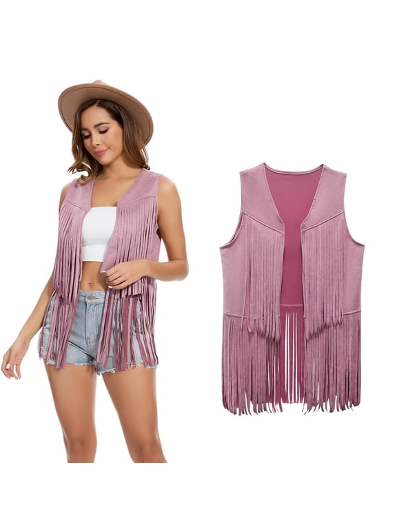 Women's Fringe Vest - 60s 70s Hippie Cowgirl Western Sleeveless Faux Suede Tassel Jacket