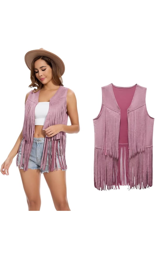 Women's Fringe Vest - 60s 70s Hippie Cowgirl Western Sleeveless Faux Suede Tassel Jacket