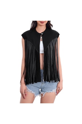 Women's Fringe Vest 70s Denim Zip Up Jacket Hippie Sleeveless Loose Tank Tops Vest