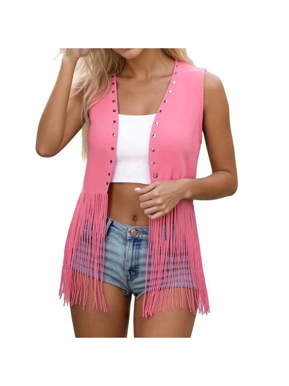 Women's Fringe Vest Cardigan 70s Hippie Rivets Tassel Sleeveless Studded Jacket